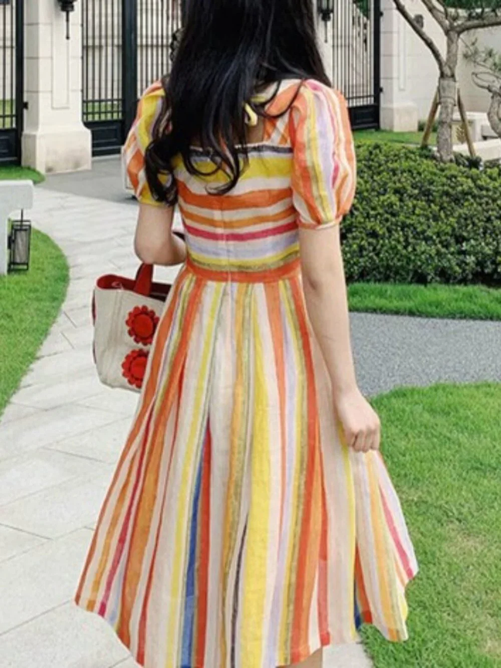 Rainbow Striped Cotton Midi Dress S